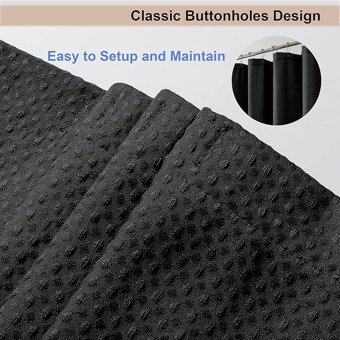 OWENIE Black Waffle Weave Fabric Shower Curtain, Textured Heavy Cloth Shower Curtains for Bathroom, Water Repellent Soft Hotel Spa Luxury Elegant Bath Curtain, Machine Washable, Black, 72x78 Inch