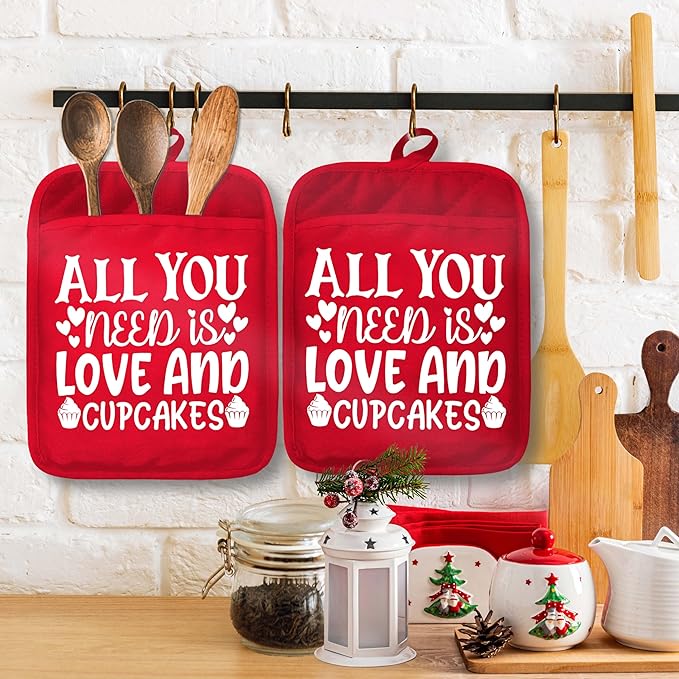 Red Christmas Pot Holders with Pockets, All You Need is Love and Cupcakes Christmas Holiday Oven Pot Holders Heat Resistant Oven Mitts Hot Pads for Kitchen Baking Cooking