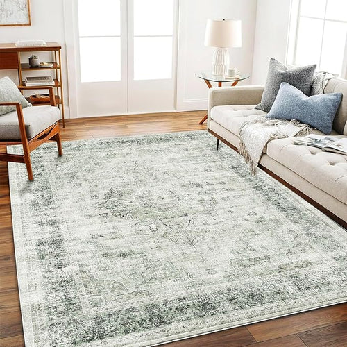 Area Rug 6'x9' Washable Floral Green Vintage Traditional Floor Cover Thin Retro Kitchen Indoor Distressed Non Slip Carpet for Living Room Bedroom Dining Room