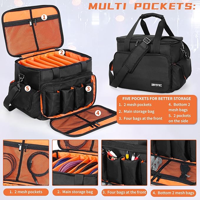 IBVIVIC DJ Cable File Bag with 6 Detachable Dividers High Capacity Gig Cable Bag for Cords,DJ Gear,Sound Instrument and Accessories