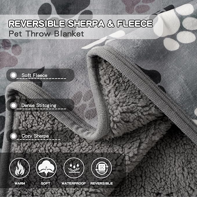 CAPT.SNOOZE Waterproof Dog Blankets Pet Blanket 60"x80", Soft Fluffy Sofa Car Bed Protector, Reversible Sherpa Fleece Dog Blanket for Large Dogs (Dark Grey-Paws)