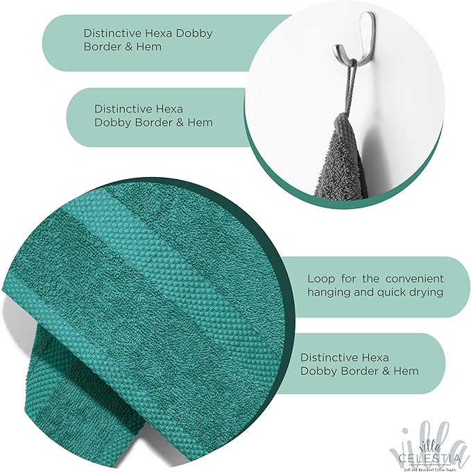 Villa Celestia 100% Cotton Hand Towel Set of 2, (16 x 28 inches) Sustainable, Soft, Highly Absorbent, Quick Drying, Combed Cotton Hand Towels Pack of 2 Ideal for Hotels, Spa, Bathroom, Dorm, Teal
