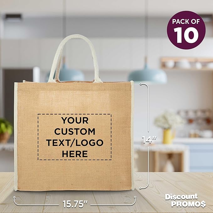 DISCOUNT PROMOS Custom Fresno Eco Friendly Jute Tote Bags Set of 10, Personalized Bulk Pack - Reusable, Great for Tradeshows, Grocery, Shopping and Outdoor Events - Light Beige