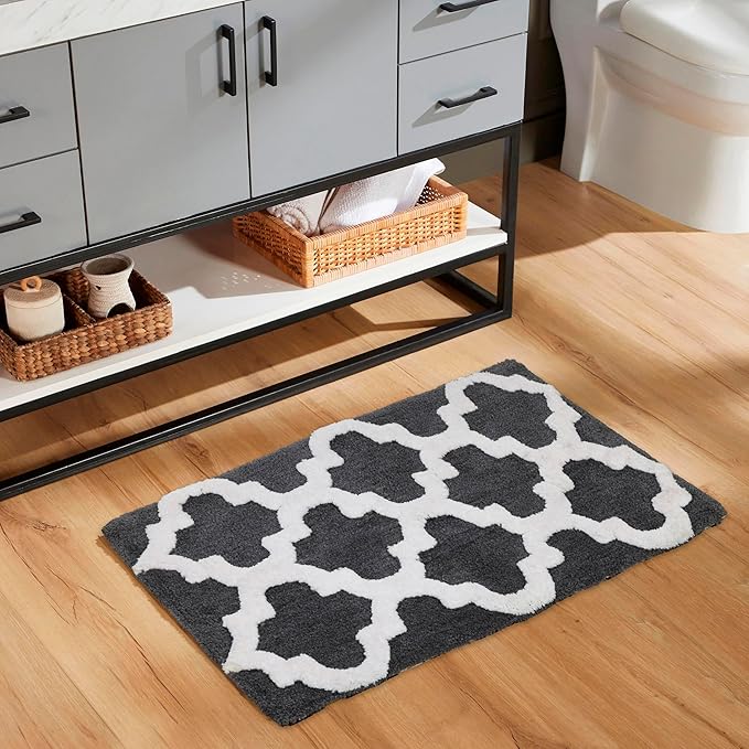 C23 Luxury Trellis Bath Rug Set of 2 (Charcoal Grey & White) 20"x32" & 16"x24" | 2200 GSM Ultra-Thick High-Density Plush | Decorative Non-Slip Bathroom Mats | Hotel Quality, Machine Washable