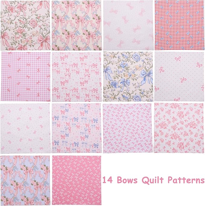 Hanjunzhao Valentines Pink Blue Bow Cotton Fabric Squares 10x10, 42Pcs Layer Cake Fabric for Quilting 10 inch, Layer Cakes 10 inch Squares for Quilting, DIY Bowknot, Gift Wrapping, Party Decor, Bows