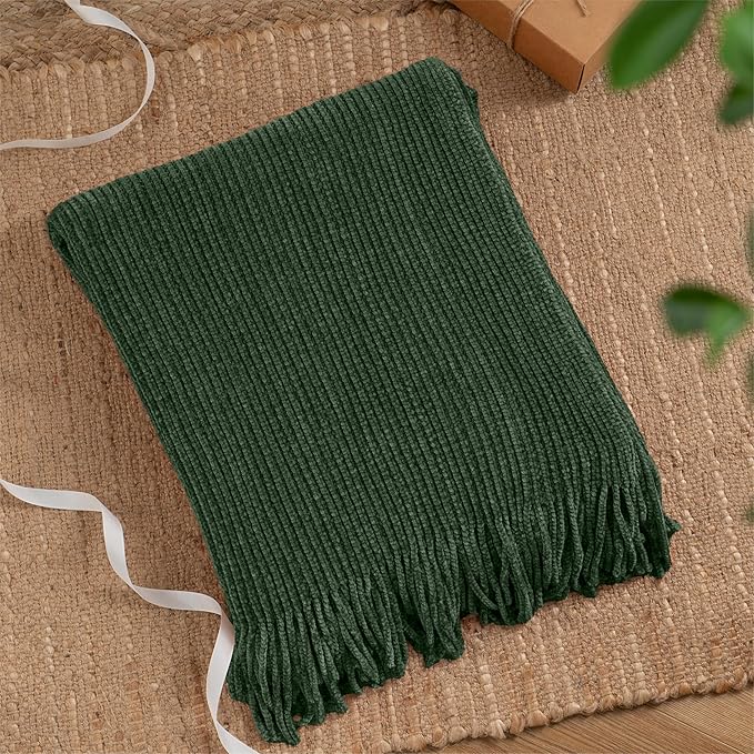 BATTILO HOME Dark Green Throw Blanket for Couch, Soft Chenille Knit Throws with Tassels for Home Decor, Christmas Green Throws for Bed Couch Cover, 60"x80"