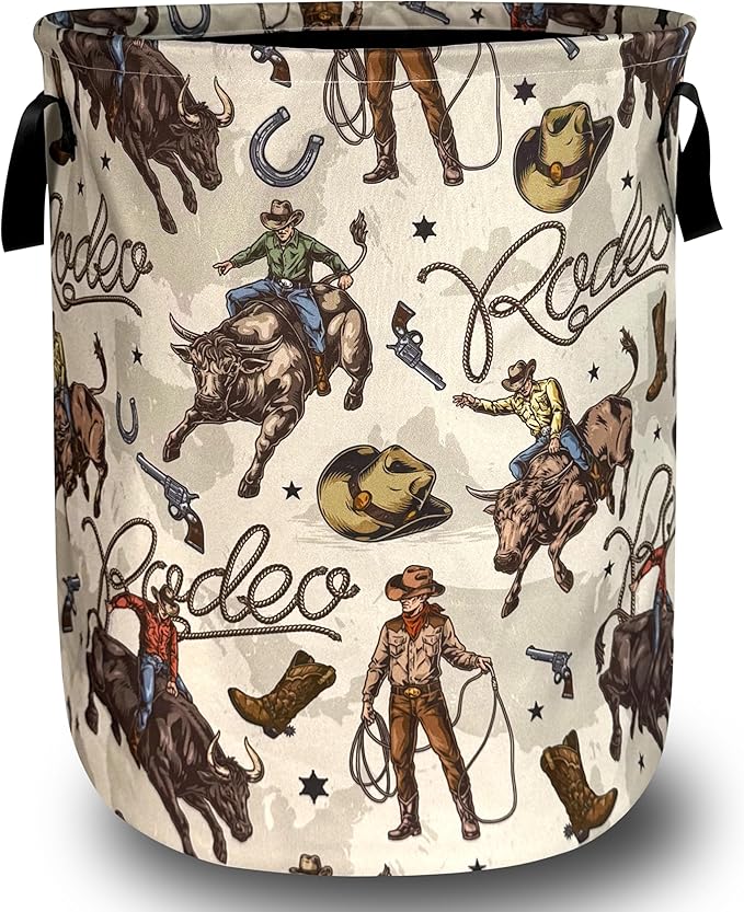 Western Cowboy Laundry Basket Oxford Cloth Cowboy Hat Funny Laundry Hamper With Handle Portable Clothes Storage Basket Foldable Western Print Laundry Bag 18.9"x16.5" For Laundry Room/Bedroom/Bathrooms
