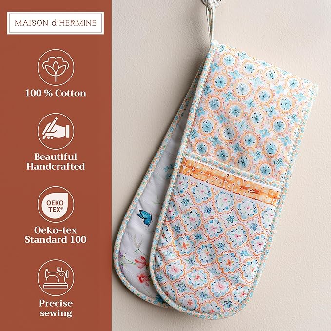 Maison d' Hermine Double Oven Mitts 100% Cotton 7"x35" Double Oven Mitt Heat Resistant BBQ Cooking Gloves with Loop, Baking, Grilling, Home, Kitchen, Handling Hot Pans Spring Summer (Summer Whisper)