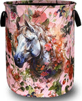 White Horse Flowers Laundry Hamper Oxford Cloth Animals Funny Laundry Basket With Handle Portable Clothes Storage Basket Foldable Laundry Bag 18.9"x16.5"For Laundry Room/Bedroom/Bathrooms