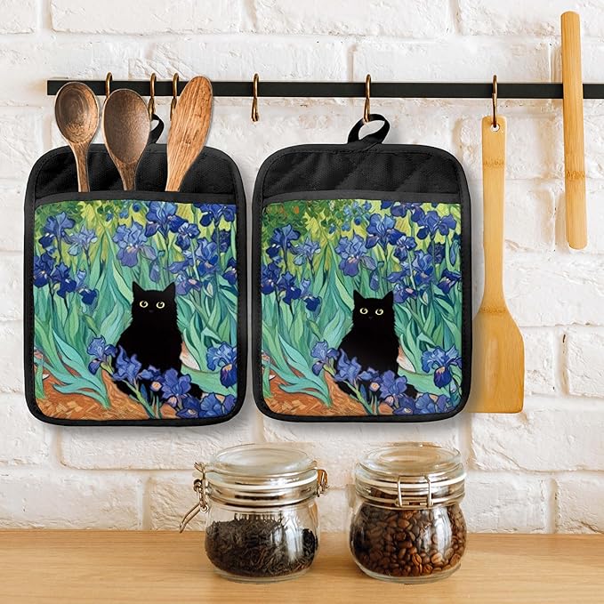 Irises Floral Black Cat Pot Holders with Pockets, Cat Kitchen Decor, Whimsical Flower Field Black Kitten Oven Pot Holders Heat Resistant Oven Mitts Hot Pads for Kitchen Baking Cooking