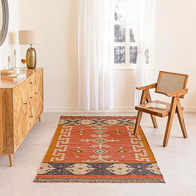 Jute Traditional Kilim Rug Boho Flatweave Area Rug for Living Room, Living Room Entryway, Tribal Series, 6'x9'
