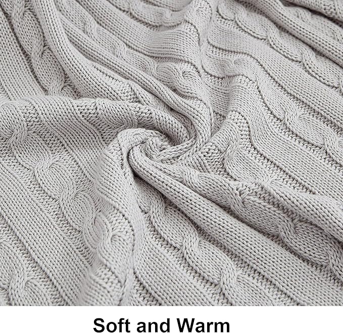NTBAY 100% Pure Cotton Cable Knit Throw Blanket, Super Soft Warm 51x67 Knitted Throw Blanket for Couch, Sofa, Chair, Bed - Extra Cozy, Machine Washable, Comfortable Home Decor, Silver Grey