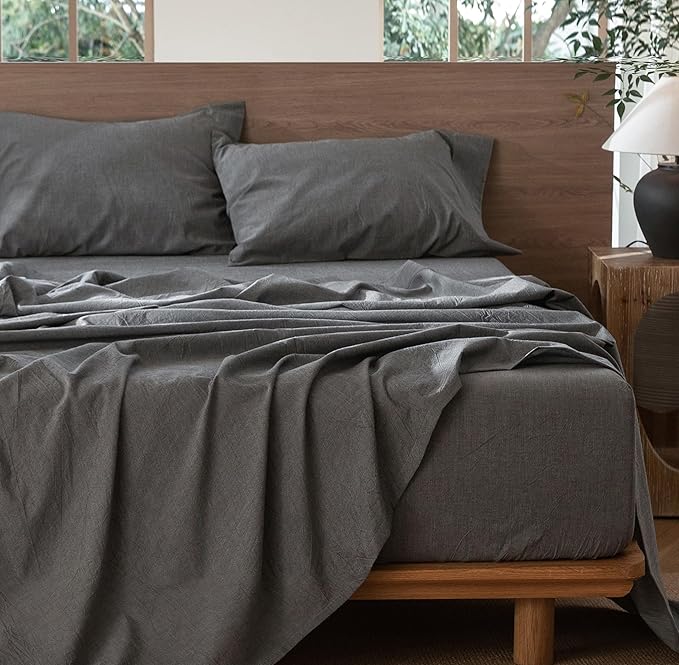 MooMee Bedding Sheet Set 100% Washed Cotton Linen Like Textured Breathable Durable Soft Comfy (Heathered Dark Grey, California King)