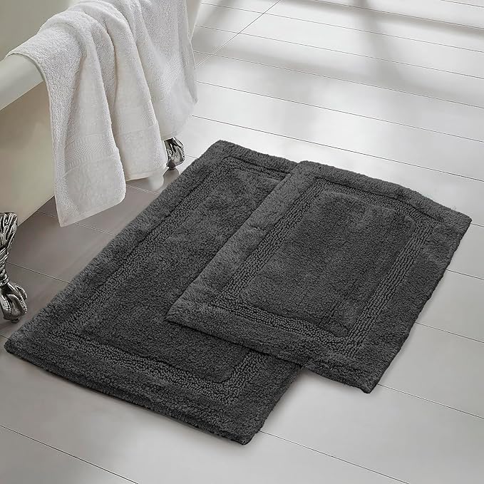 C23 Luxury 2200 GSM Heavyweight Bath Mat (Pack of 2) 100% Tufted Cotton 20"x32" & 16"x24" Charcoal Grey Bathroom Rugs Ultra-Absorbent, Quick Dry, Anti-Slip Natural Latex Back, Machine Washable
