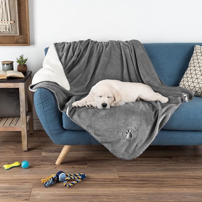 Waterproof Pet Blanket - 50x60-Inch Reversible Sherpa Fleece Throw Protects Couches, Cars, and Beds from Spills, Stains, and Fur by PETMAKER (Gray)