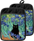 Irises Floral Black Cat Pot Holders with Pockets, Cat Kitchen Decor, Whimsical Flower Field Black Kitten Oven Pot Holders Heat Resistant Oven Mitts Hot Pads for Kitchen Baking Cooking