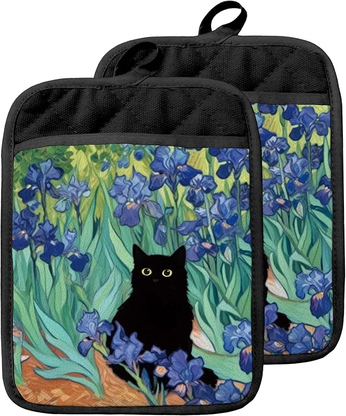 Irises Floral Black Cat Pot Holders with Pockets, Cat Kitchen Decor, Whimsical Flower Field Black Kitten Oven Pot Holders Heat Resistant Oven Mitts Hot Pads for Kitchen Baking Cooking