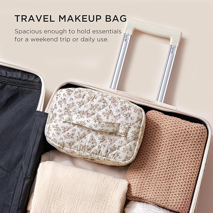 HBselect Christmas Gifts Large Quilted Makeup Bag, Cute Cotton Travel Makeup Bag with Handle, Portable Coquette Floral Make up Bags, Toiletry Organizer Make up Bags for Women Teen Girls Mom