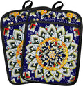 Navy Blue Boho Mandala Floral Pot Holders 2 Pack Set, Vintage Hinduism Spiritual Folk Lotus Flower Mandala Heat Resistant Oven Hot Pads for Kitchen Countertop Baking，065 Potholder