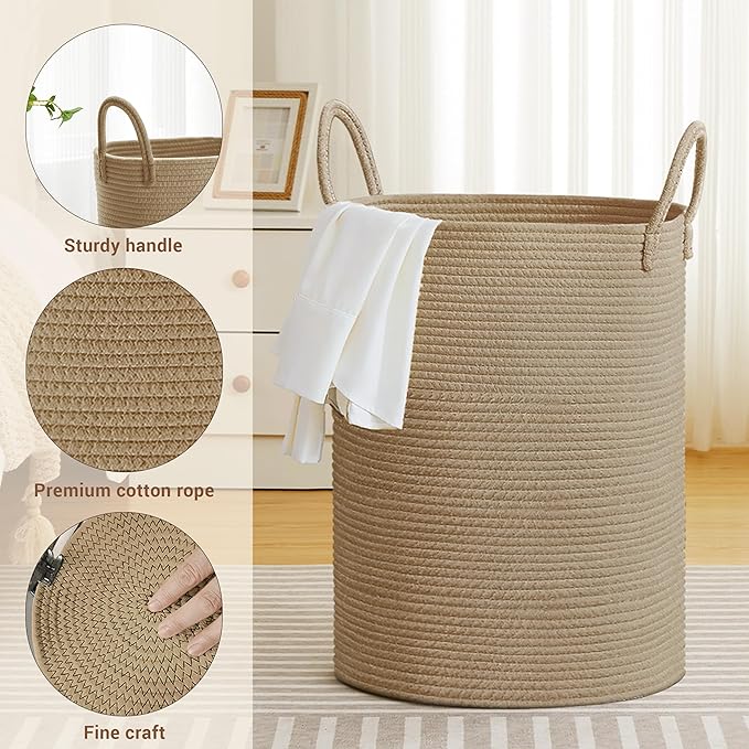 SunNewt Tall Laundry Basket with Handles, 100L Portable Dirty Clothes Hamper, Boho Cotton Rope Storage Bin for Blankets Kids Toys Gifts, Extra Large Organizer for Baby Nursery Bedroom Bathroom, Jute