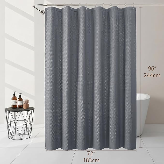 Ebesto Extra Long Grey Shower Curtain 96 Inch Long 1 Piece, Waffle Embossed Textured Fabric Shower Curtain for Bathroom Large Hotel, Water Resistant, Machine Washable, 72Wx96L Inches
