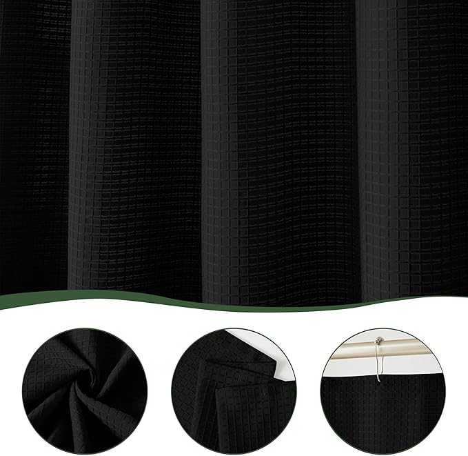 Indecor Home Luxury Waffle Weave Shower Curtain Elegant Hotel Style Fabric for Bathroom, Water Repellent, Machine Washable Black Waffle