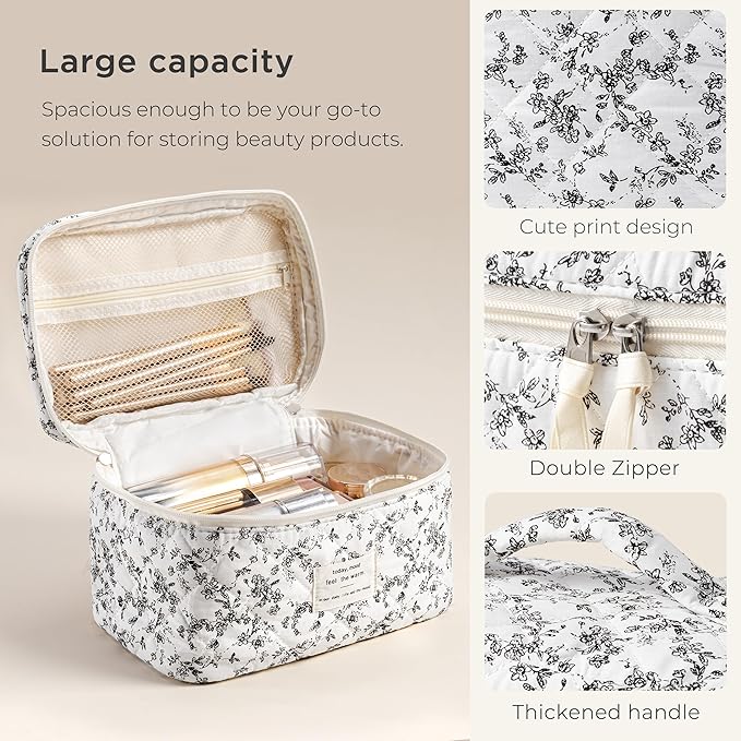 HBselect Christmas Gifts Large Quilted Makeup Bag, Cute Cotton Travel Makeup Bag with Handle, Portable Coquette Floral Make up Bags, Toiletry Organizer Make up Bags for Women Teen Girls Mom