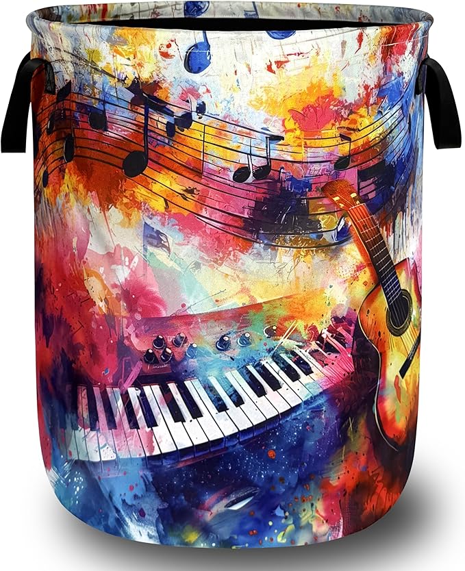 Colorful Music Notes Laundry Basket Oxford Cloth Guitar Funny Laundry Hamper With Handle Portable Clothes Storage Basket Foldable Laundry Bag 18.9"x16.5" For Laundry Room/Bedroom/Bathrooms