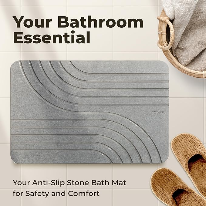 TOSORO - Stone Bath Mat, Diatomaceous Earth Non-Slip Stone Shower Mat - Quick Drying Absorbent Bath Mats for Bathroom - Elegant & Modern Design, Easy to Clean (23.5 x 15) - Graphite, 2pcs