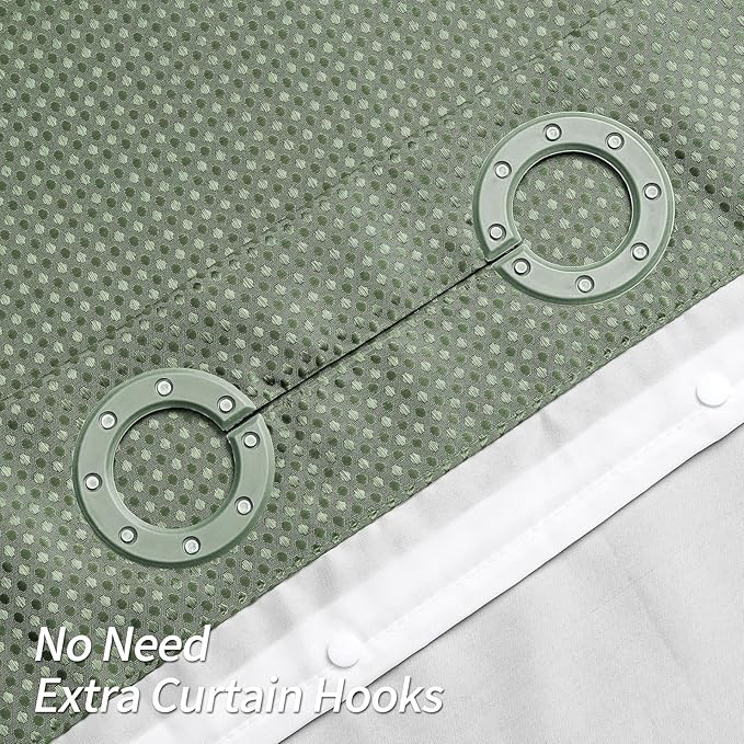 MitoVilla Sage Green Waffle Long Shower Curtain Liner Set 72 x 80, No Hooks Required 80 inch Long Fabric Cloth Shower Curtain Set with Cloth Snap-in Liner for Modern Hotel Bathroom Decor