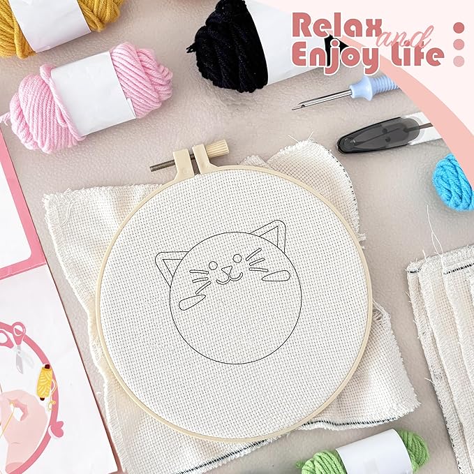Punch Needle Kit for Beginners Adults Easy Needle Punch Embroidery Tool Set Including Threader Instruction Fabric Hoop Yarn Coaster DIY Making Kit Supplies,Set of 8 Cat Cute Pet Art Crafts Gifts