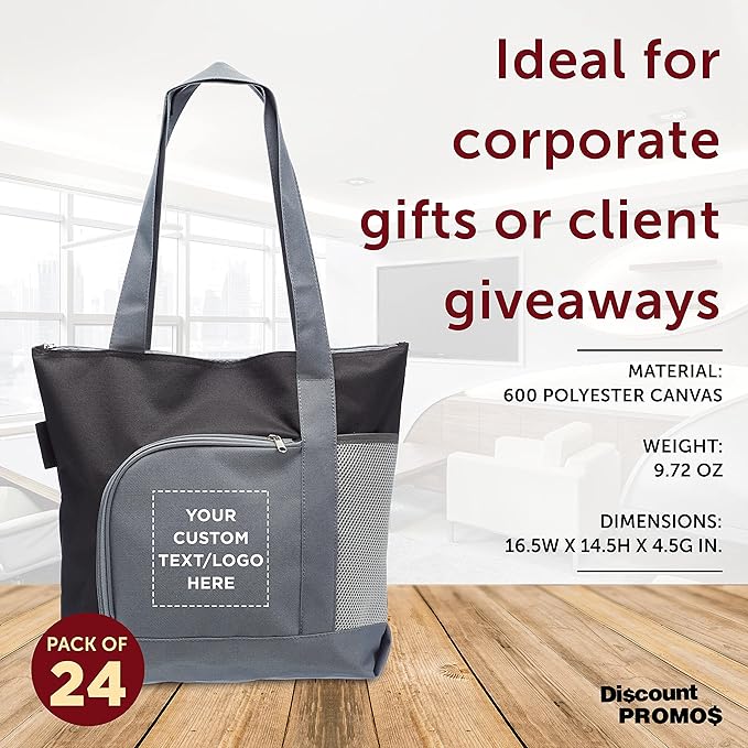 DISCOUNT PROMOS Custom Go Getter Sport Tote Beach Bags Set of 24, Personalized Bulk Pack - Reusable, Great for Shopping, Beach, Picnic, Other Outdoor Adventure - Black