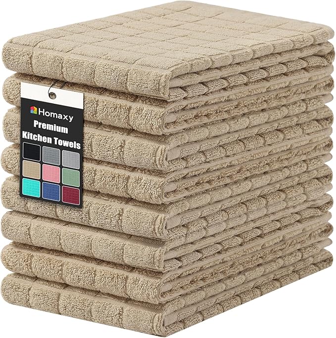 Homaxy Premium Cotton Kitchen Towels 16"x 28", Large Natural Ring Spun 390 GSM Dish Towels, Super Absorbent Terry Kitchen Hand Towels, Soft Tea Towels with Hanging Loop, Pure Tan Design, 8 Pack