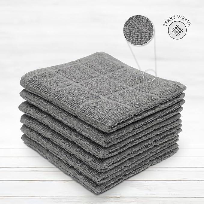 Mellow Buff 100% Cotton Terry Dish Cloth & Dish Towel, 6 Pack, Super Soft and Absorbent Kitchen Towels, Perfect for Kitchen Cleaning and Dish Washing (Grey 6 Pack)