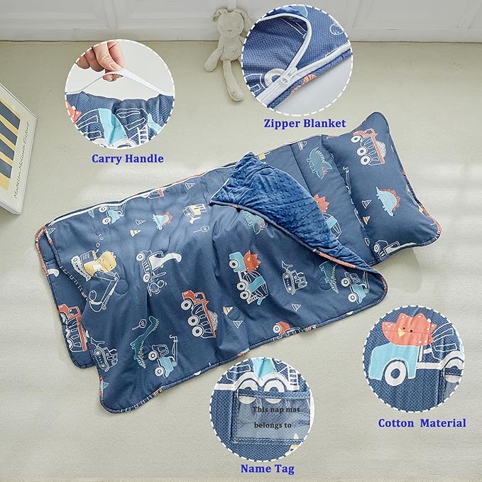 Cotton Toddler Nap Mat with Zipper,Detachable Minky Blanket and Removable Pillow,Soft Slumber Bags for Boys,Kids Sleeping Bag for Daycare Preschool Kindergarten,Dinosaur Navy Blue