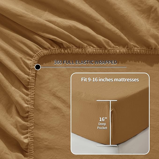 LBRO2M 100% Linen Sheet Set Full Size,Bed Sheets 4 Piece Sets,Solid Color Natural Flax Bed Sheets Soft Breathable Bedding,16" Deep Pocket,All Season (Full, Rust)