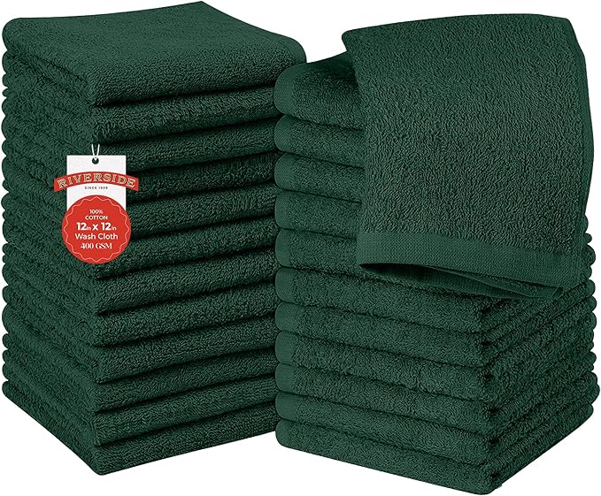 RIVERSIDE 24 Pack Washcloths Set - 100% Cotton [12x12 Inches] - 500 GSM, Soft, Quick-Dry & Highly Absorbent Face Towels - Perfect for Bathroom, Gym, Hotel, Spa & Travel - Hunter Green