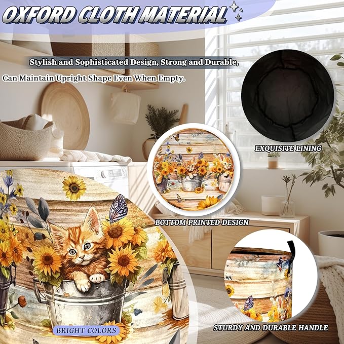 Cats Laundry Hamper Oxford Cloth Sunflowers Animal Cats Laundry Basket With Handle Portable Clothes Storage Basket Foldable Funny Laundry Bag 18.9"x16.5" For Laundry Room/Bedroom/Bathrooms