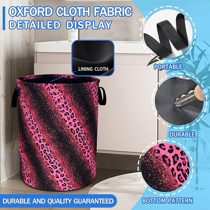 Pink Leopard Print Laundry Basket Cheetah Oxford Cloth Laundry Hamper With Handle Foldable Portable Clothes Storage Basket 18.9 X 16.5 Inch Storage Bag For Laundry Room/Bathroom/Bedroom/Dormitories