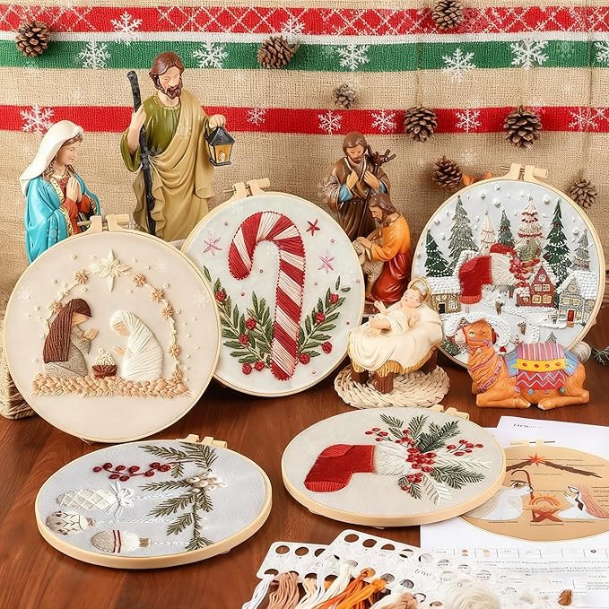 QBQBQ 4 Sets Embroidery Kits for Adults Beginners, Cross Stitch Kits with Videos, Patterns, Needles, Threads, Bamboo Hoop & Supplies, Includes Winter Designs, Home Decor Wall Art (Christmas Kits B)