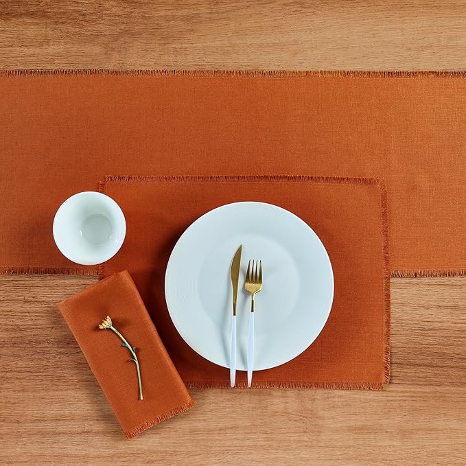 Solino Home Fringe Linen Napkins Set of 4-100% Pure Linen Cinnamon Dinner Napkins 20 x 20 Inch - Handcrafted and Machine Washable