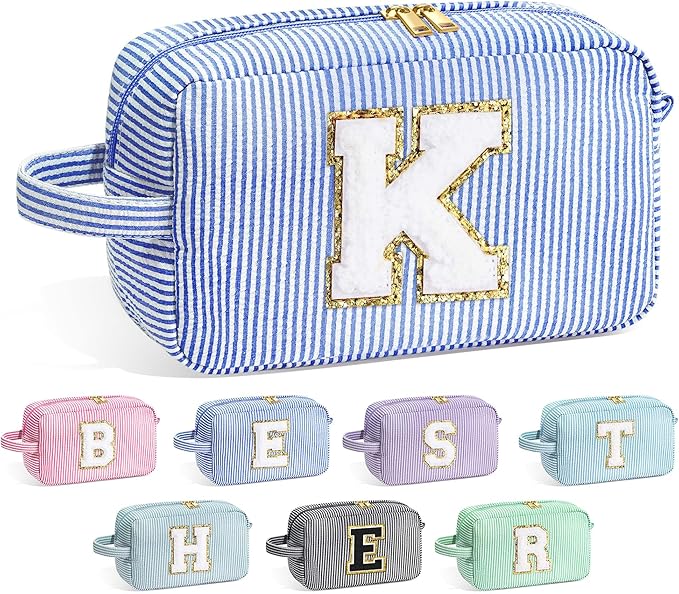 YOOLIFE Gifts for Women Teen Girls Kids - Initial Makeup Bag Cosmetic Case Toiletry Pouch, Birthday Gifts for Women Friends Sister Teacher, Blue K