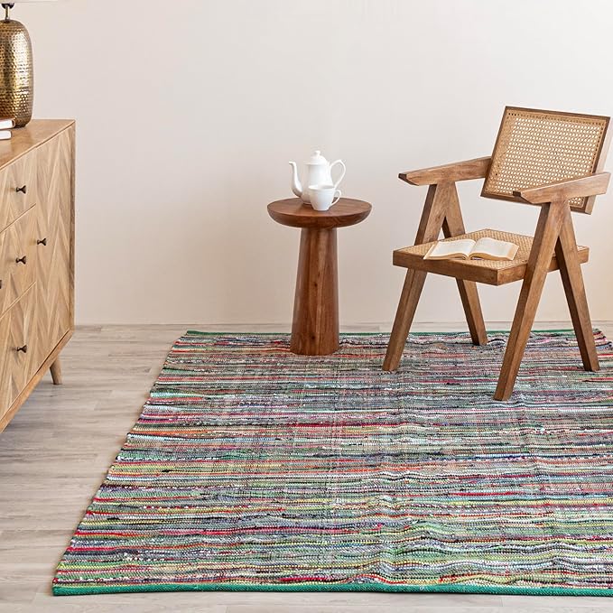 HOMEMONDE Boho Chindi Rag Rug 3'x5' Multi Green Recycled Soft Cotton Fabric Hand Crafted Reversible Boho Rugs for Bedroom, Living Room, Kitchen, Entyrway