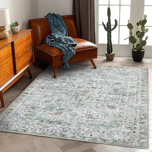Area Rug 5'x7' Washable Rug Vintage Traditional Floor Cover Thin Retro Kitchen Indoor Distressed Non Slip Carpet for Living Room Bedroom Dining Room