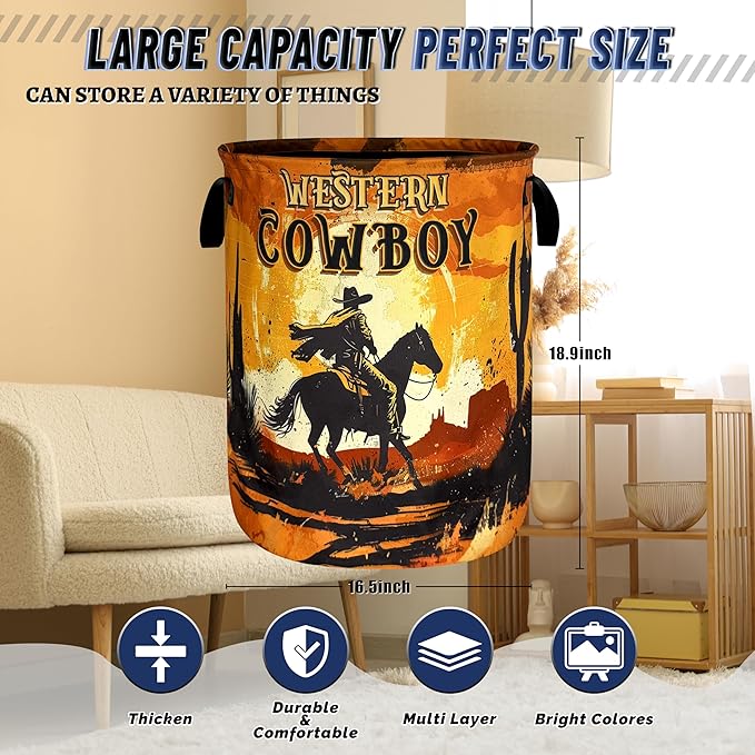 Western Cowboy Laundry Basket Oxford Cloth Desert Riding Laundry Hamper With Handle Portable Clothes Storage Basket Foldable Funny Laundry Bag 18.9"x16.5" For Laundry Room/Bedroom/Bathrooms