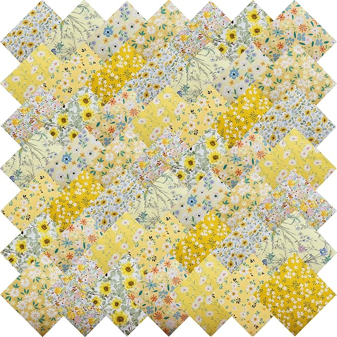 HANPATQUI 50PCS 8 x 8 inch 100% Cotton Fat Quarters Fabric for Sewing and Quilting Bundles Precut Fabric Square for DIY Craft Patchwork-Yellow Printed