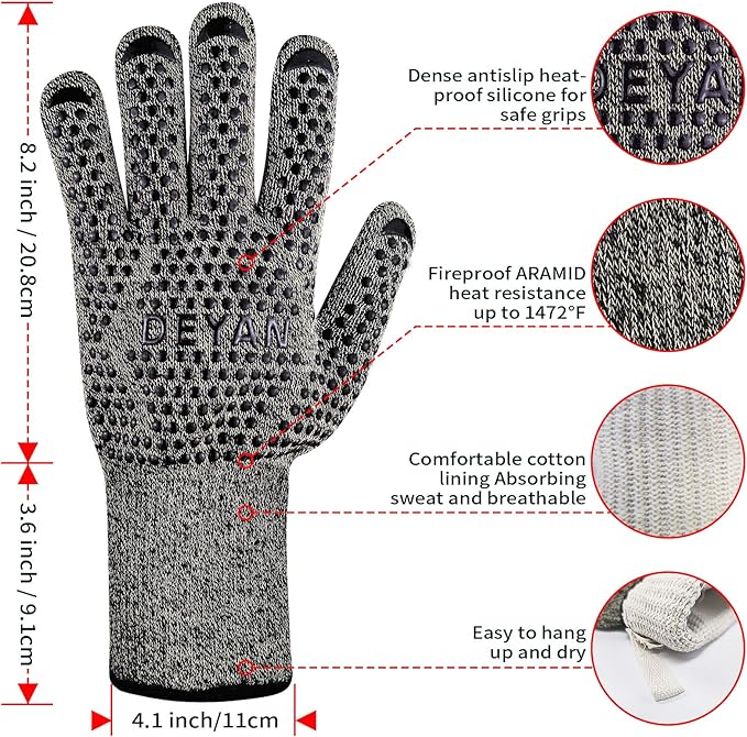 BBQ Grill Gloves, 1472℉ Heat Resistant Oven Gloves, High Temp Resistance Fireproof Glove, Kitchen Hotproof Cooking Mitts for Grilling, Smoking, Baking, Frying