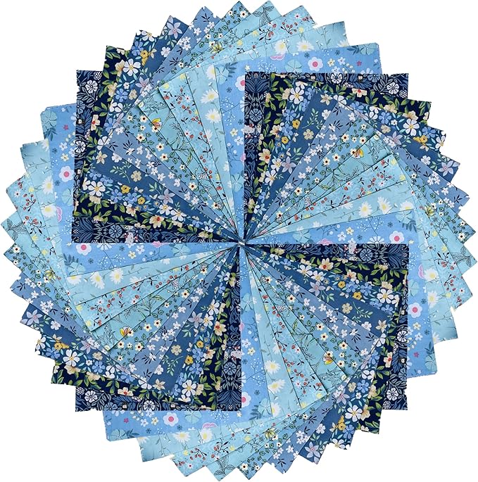 HANPATQUI 50PCS 10 x 10 inch Blue Printed 100% Cotton Fat Quarters Fabric for Sewing and Quilting Bundles Precut Fabric Square for DIY Craft Patchwork