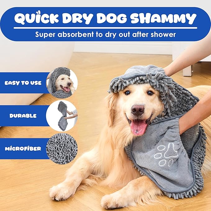 EDENATURE Microfiber Dog Bath Towel – Super Absorbent Dog Towels for Drying Dogs Large & Small, Quick Dry Pet Towel with Hand Pockets, Soft & Durable Puppy Towel, Machine Washable – Grey