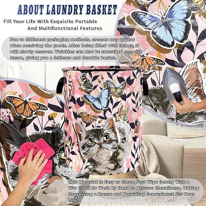 Pink Floral Cats Laundry Hamper Oxford Cloth Butterfly Animal Cat Laundry Basket With Handle Portable Clothes Storage Basket Foldable Funny Laundry Bag 18.9"x16.5" For Laundry Room/Bedroom/Bathrooms
